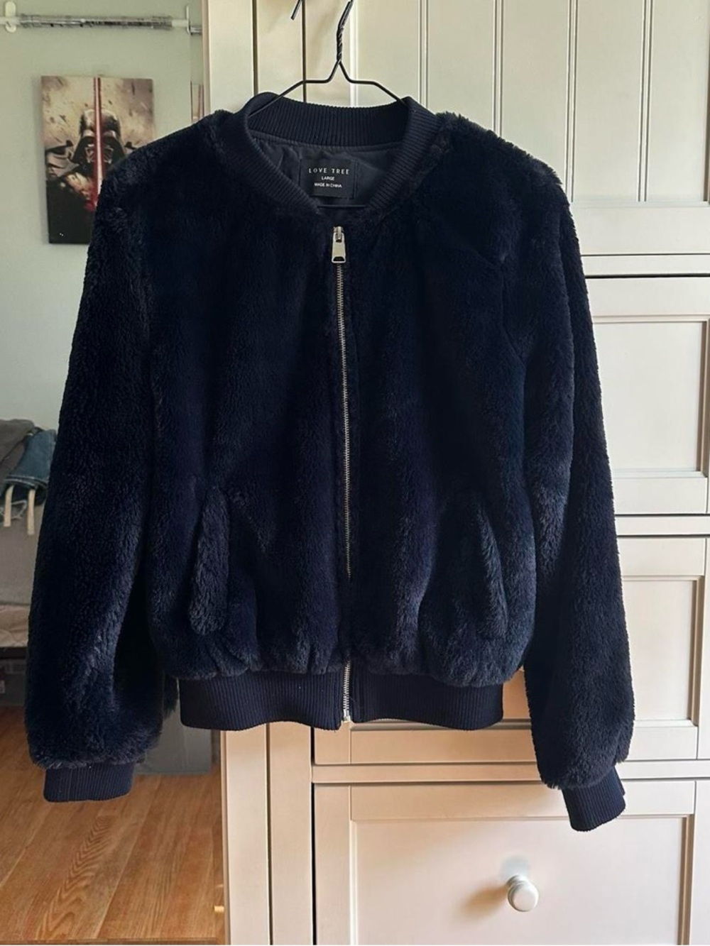 Love tree faux fur navy bomber jacket